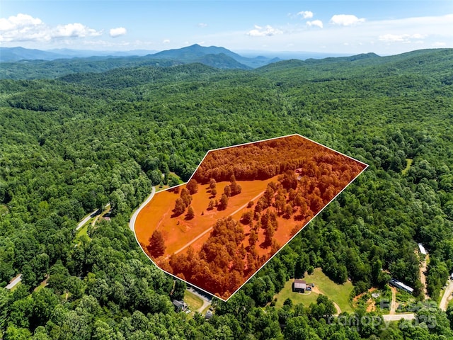 129 Melrose Lake Rd, Saluda, NC 28773 - aerial view of property and surrounding area with property boundaries highlighted and a mountainous background