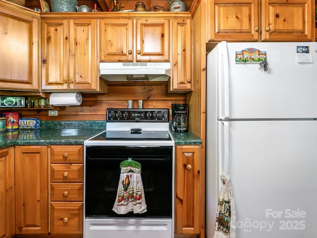 129 Melrose Lake Rd, Saluda, NC 28773 - kitchen with freestanding refrigerator, range with electric cooktop, under cabinet range hood, dark countertops, and brown cabinets