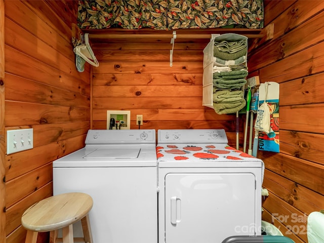 129 Melrose Lake Rd, Saluda, NC 28773 - laundry room featuring washing machine and dryer and wooden walls
