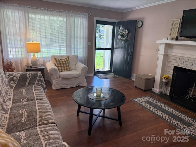 708 E St Unit 8, 9, Albemarle, NC 28001 - living room featuring wood finished floors, a brick fireplace, and crown molding