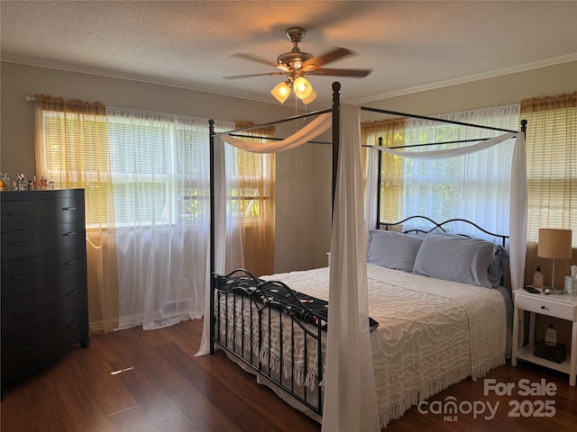 708 E St Unit 8, 9, Albemarle, NC 28001 - bedroom with crown molding, wood finished floors, a textured ceiling, multiple windows, and ceiling fan