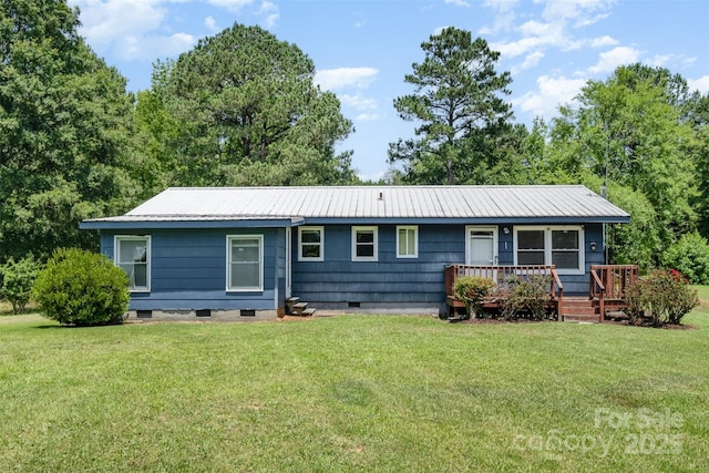 1043 Sid Davis Rd, Chester, SC 29706 - rear view of property with crawl space, a metal roof, a yard, and a wooden deck