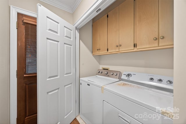 803 Woodmoore Ln, Kannapolis, NC 28081 - washroom featuring cabinet space, ornamental molding, and separate washer and dryer