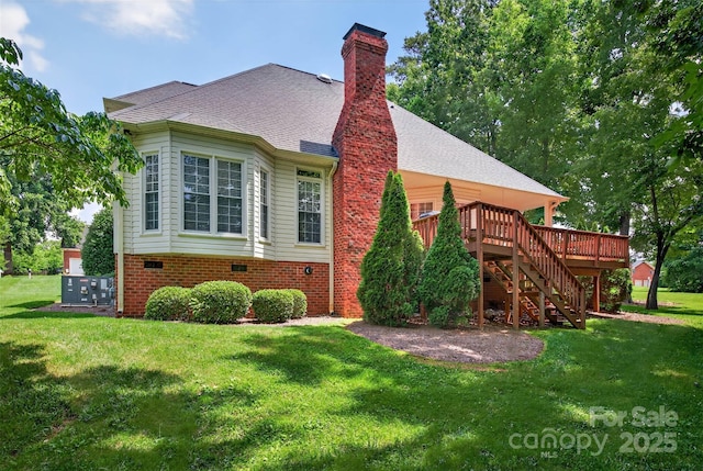 803 Woodmoore Ln, Kannapolis, NC 28081 - view of side of property with stairs, a deck, a lawn, a chimney, and roof with shingles