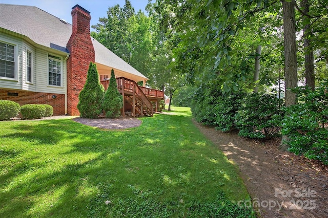 803 Woodmoore Ln, Kannapolis, NC 28081 - view of green lawn with stairway and a wooden deck