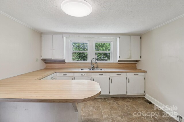 1626 W Park Ave, Albemarle, NC 28001 - kitchen featuring light countertops, ornamental molding, a textured ceiling, white cabinetry, and a peninsula