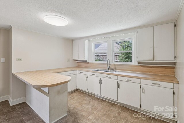 1626 W Park Ave, Albemarle, NC 28001 - kitchen with a textured ceiling, a peninsula, crown molding, light countertops, and white cabinets
