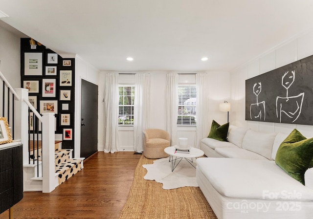 504 Wakefield Dr Unit A, Charlotte, NC 28209 - living area featuring wood finished floors, stairs, and recessed lighting