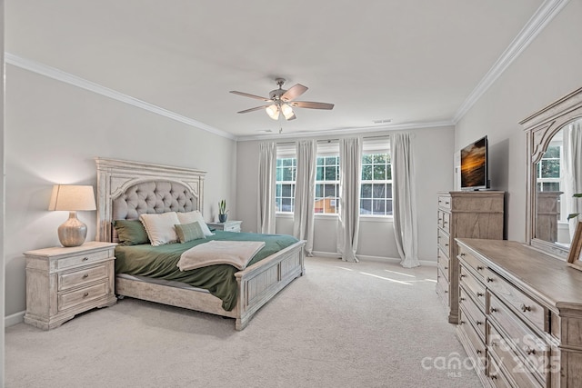 1335 Bryson Gap Dr, Fort Mill, SC 29715 - bedroom with ornamental molding, multiple windows, light colored carpet, and ceiling fan