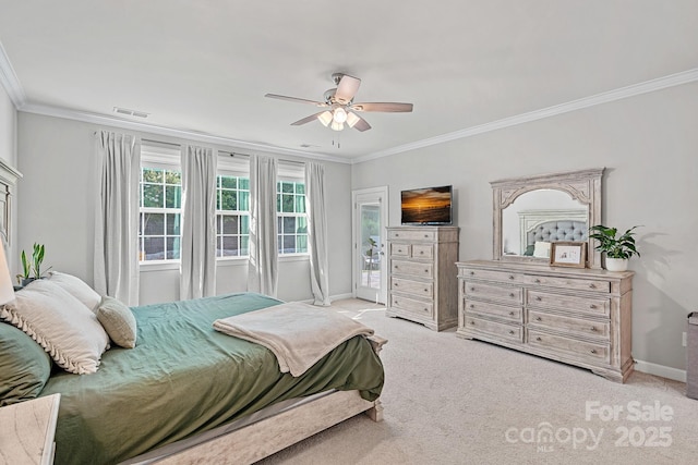 1335 Bryson Gap Dr, Fort Mill, SC 29715 - bedroom with crown molding, light colored carpet, ceiling fan, and access to exterior