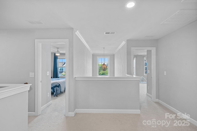 1335 Bryson Gap Dr, Fort Mill, SC 29715 - corridor with an upstairs landing, light carpet, and crown molding