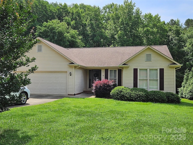 217 Rock Creek Dr, Lincolnton, NC 28092 - ranch-style home featuring a garage, a front lawn, concrete driveway, and a shingled roof
