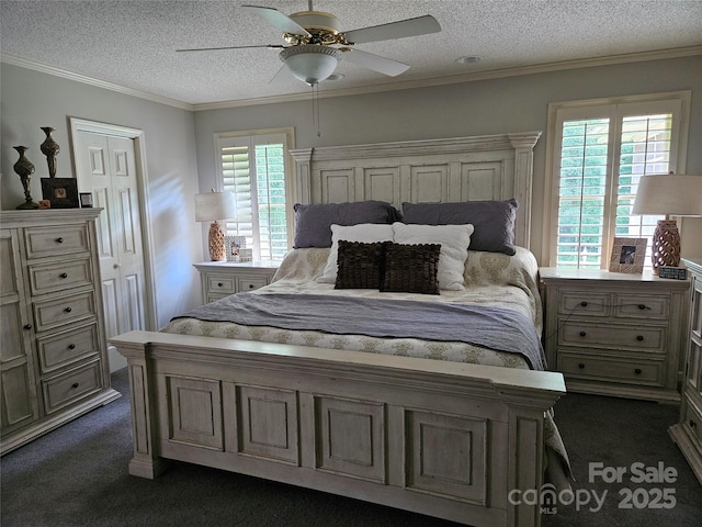 217 Rock Creek Dr, Lincolnton, NC 28092 - bedroom with dark carpet, a textured ceiling, a ceiling fan, and ornamental molding