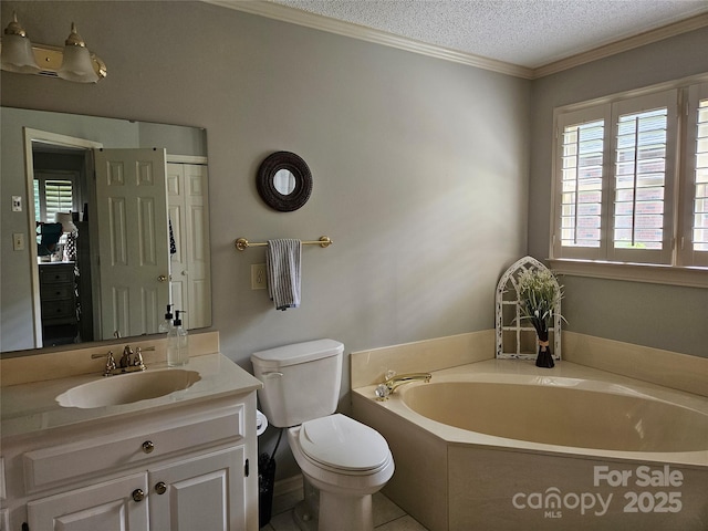 217 Rock Creek Dr, Lincolnton, NC 28092 - bathroom with vanity, a garden tub, a textured ceiling, and ornamental molding