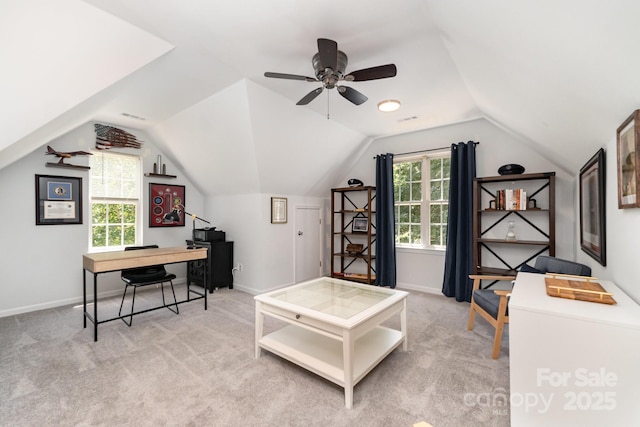 11624 Crossroads Pl, Concord, NC 28025 - carpeted home office featuring vaulted ceiling and a ceiling fan