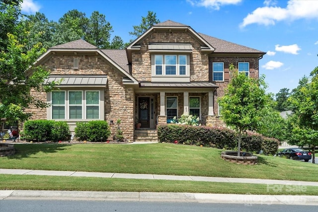 16402 Doves Canyon Ln, Charlotte, NC 28278 - craftsman inspired home with a standing seam roof, a front lawn, and roof with shingles