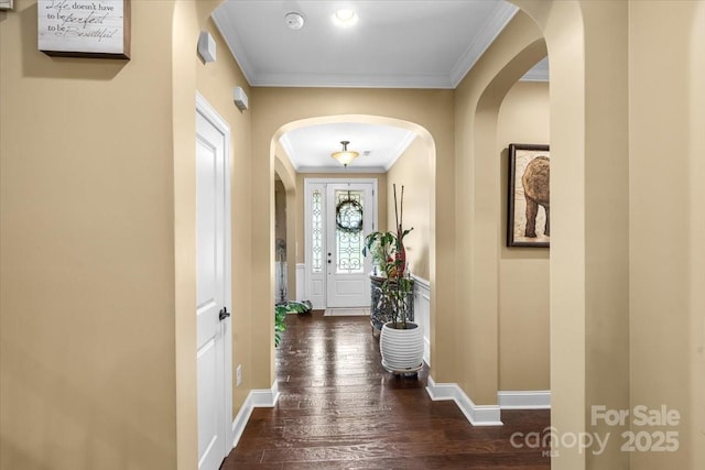 16402 Doves Canyon Ln, Charlotte, NC 28278 - hall featuring ornamental molding, wood-type flooring, and arched walkways