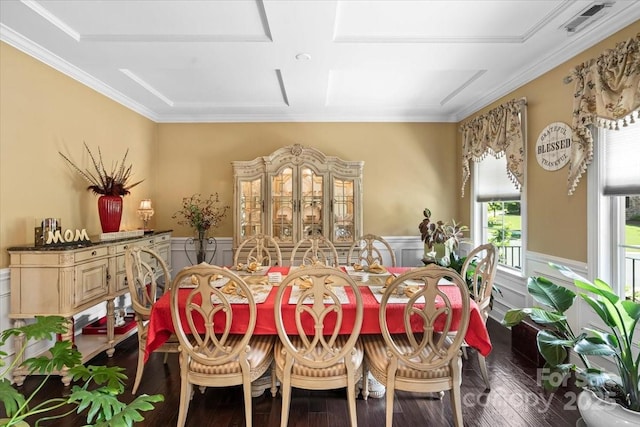 16402 Doves Canyon Ln, Charlotte, NC 28278 - dining area featuring ornamental molding, a wainscoted wall, hardwood / wood-style floors, coffered ceiling, and a decorative wall