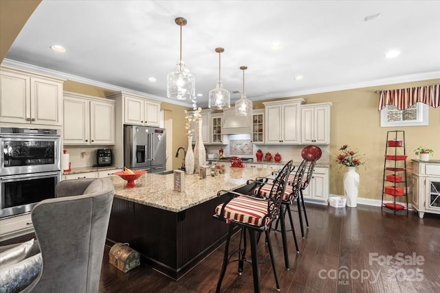 16402 Doves Canyon Ln, Charlotte, NC 28278 - kitchen featuring stainless steel appliances, backsplash, cream cabinets, ornamental molding, and glass insert cabinets