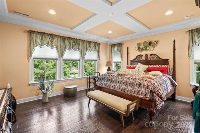 16402 Doves Canyon Ln, Charlotte, NC 28278 - bedroom featuring multiple windows, coffered ceiling, ornamental molding, wood-type flooring, and beam ceiling