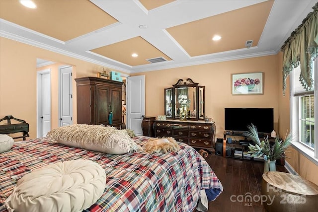 16402 Doves Canyon Ln, Charlotte, NC 28278 - bedroom featuring wood finished floors, coffered ceiling, ornamental molding, and beamed ceiling