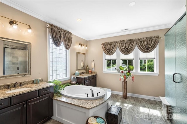 16402 Doves Canyon Ln, Charlotte, NC 28278 - full bathroom with a stall shower, two vanities, a bath, ornamental molding, and marble finish flooring