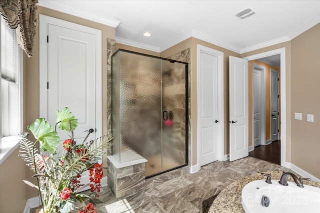 16402 Doves Canyon Ln, Charlotte, NC 28278 - bathroom with a stall shower, a bath, recessed lighting, and crown molding