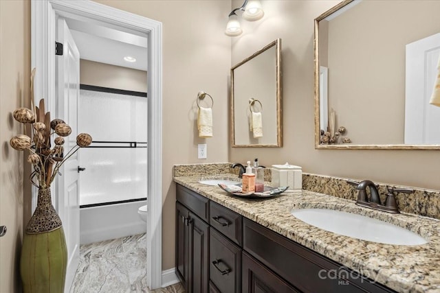 16402 Doves Canyon Ln, Charlotte, NC 28278 - full bath with double vanity, marble finish floors, and shower / washtub combination