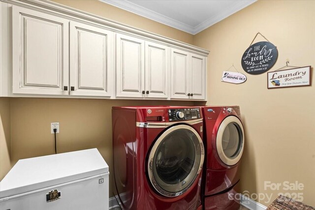 16402 Doves Canyon Ln, Charlotte, NC 28278 - laundry area featuring cabinet space, separate washer and dryer, and ornamental molding