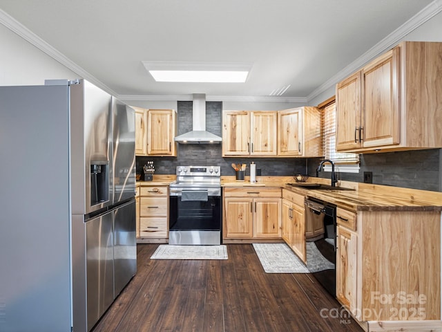 263 Fairway Ln Unit H, Spruce Pine, NC 28777 - kitchen featuring wall chimney range hood, stainless steel appliances, light brown cabinets, dark wood-type flooring, and backsplash