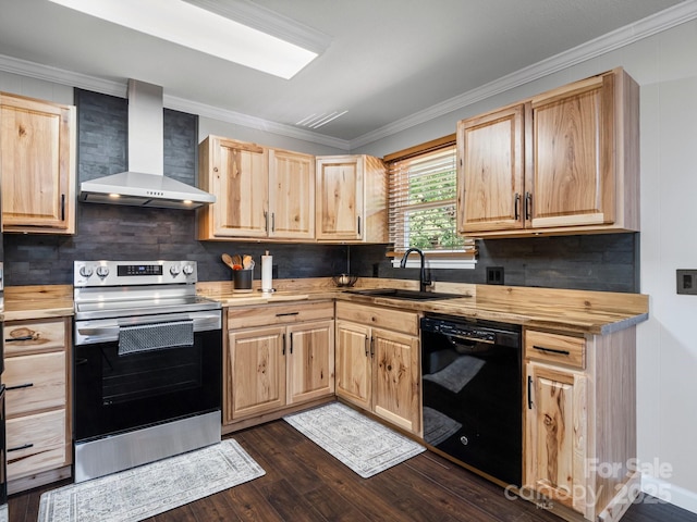 263 Fairway Ln Unit H, Spruce Pine, NC 28777 - kitchen featuring dishwasher, electric stove, wall chimney exhaust hood, light brown cabinets, and ornamental molding