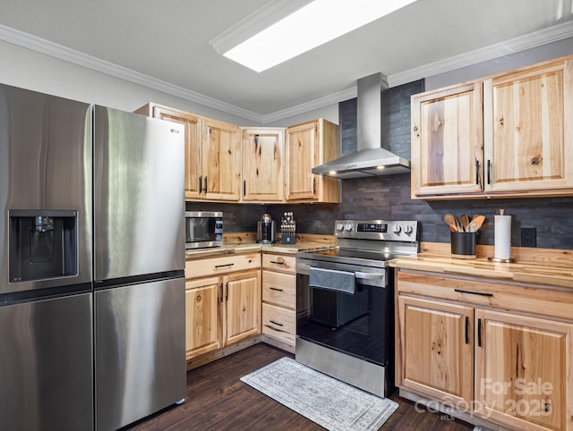 263 Fairway Ln Unit H, Spruce Pine, NC 28777 - kitchen with stainless steel appliances, wall chimney range hood, light brown cabinetry, dark wood finished floors, and crown molding