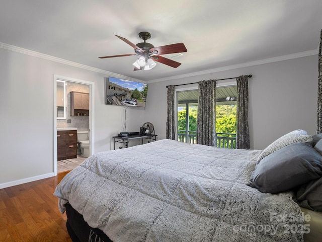 263 Fairway Ln Unit H, Spruce Pine, NC 28777 - bedroom featuring crown molding, wood finished floors, ensuite bathroom, and a ceiling fan