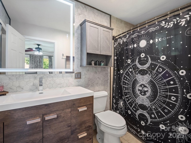 263 Fairway Ln Unit H, Spruce Pine, NC 28777 - full bathroom featuring tile walls, a ceiling fan, vanity, curtained shower, and tile patterned flooring