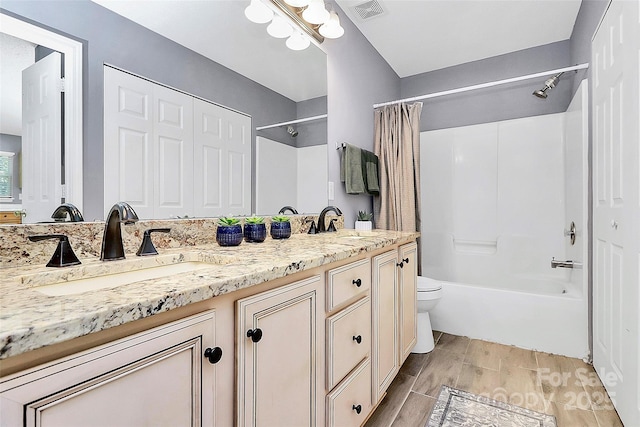 5980 Cougar Ln, Charlotte, NC 28269 - full bathroom featuring double vanity and shower / bathtub combination with curtain
