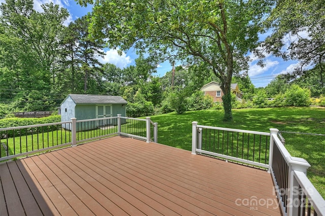 3729 Woodleaf Rd, Charlotte, NC 28205 - wooden terrace featuring a yard, a shed, and view of scattered trees