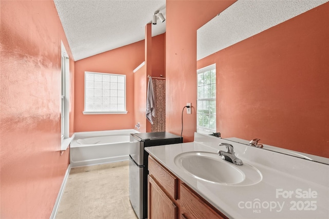 1276 Winding Path Rd, Clover, SC 29710 - full bathroom featuring vanity, a bath, a textured ceiling, and vaulted ceiling