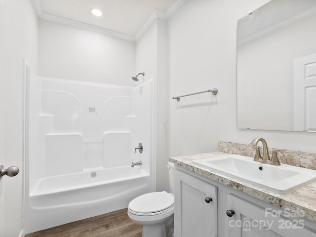 207 Walnut Branch Rd, Weaverville, NC 28787 - bathroom with crown molding, vanity, wood finished floors, shower / tub combination, and recessed lighting