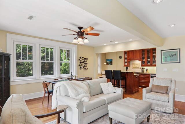 203 6th Ave W Unit 2A, Hendersonville, NC 28739 - living area with light wood-style flooring, ceiling fan, and recessed lighting