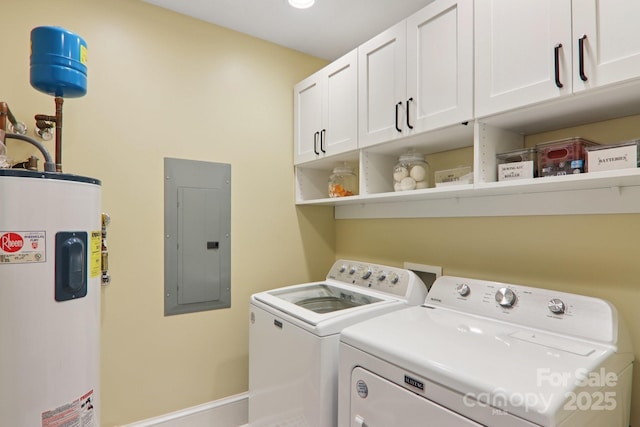 203 6th Ave W Unit 2A, Hendersonville, NC 28739 - laundry area featuring electric panel, electric water heater, cabinet space, and washer and dryer