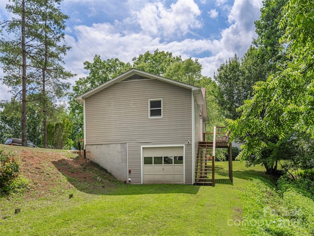 286 Keith Dr, Canton, NC 28716 - view of property exterior with stairs, a garage, a lawn, a wooden deck, and driveway