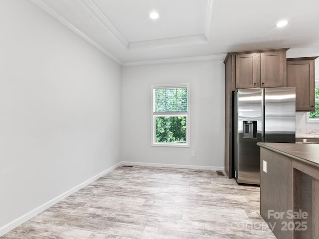 208 Walnut Branch Rd, Weaverville, NC 28787 - kitchen featuring stainless steel fridge with ice dispenser, healthy amount of natural light, light wood-style floors, crown molding, and recessed lighting