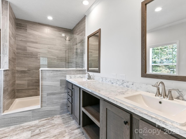 208 Walnut Branch Rd, Weaverville, NC 28787 - full bath with double vanity, a walk in shower, ornamental molding, and recessed lighting