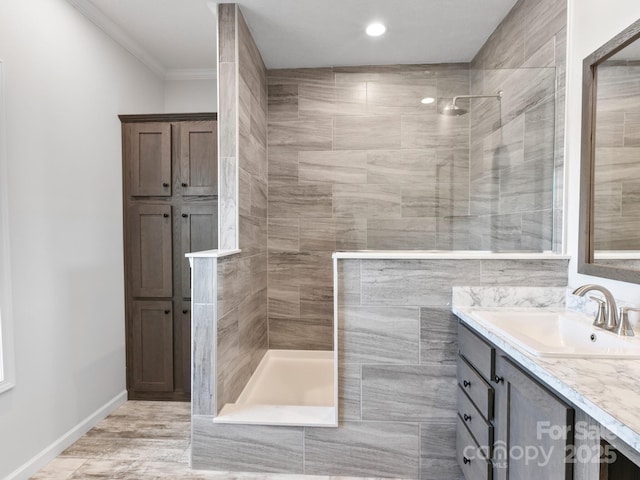 208 Walnut Branch Rd, Weaverville, NC 28787 - bathroom featuring vanity, walk in shower, and crown molding