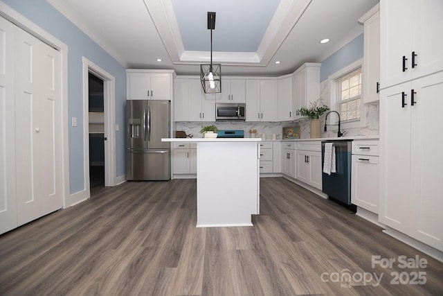 305 E Henry St, Belmont, NC 28012 - kitchen with stainless steel appliances, light countertops, a tray ceiling, white cabinetry, and ornamental molding