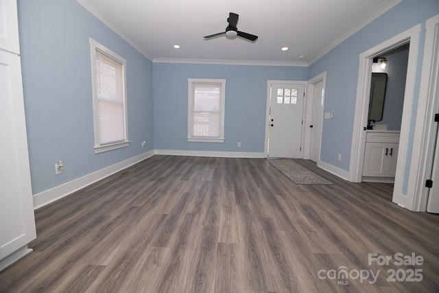 305 E Henry St, Belmont, NC 28012 - entrance foyer with crown molding, a ceiling fan, dark wood-type flooring, and recessed lighting