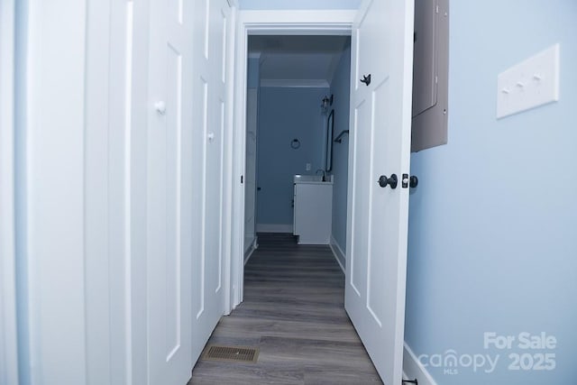 305 E Henry St, Belmont, NC 28012 - corridor featuring dark wood finished floors and electric panel