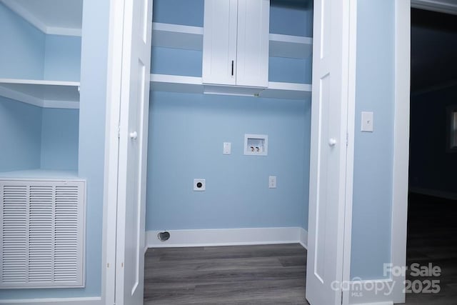 305 E Henry St, Belmont, NC 28012 - washroom with hookup for a washing machine, hookup for an electric dryer, cabinet space, and dark wood finished floors
