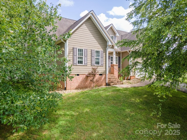 206 Taylor Cir, Granite Falls, NC 28630 - view of front of house with crawl space, a front yard, and roof with shingles