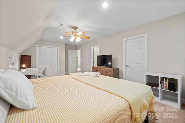206 Taylor Cir, Granite Falls, NC 28630 - bedroom with light colored carpet, a closet, lofted ceiling, and a ceiling fan